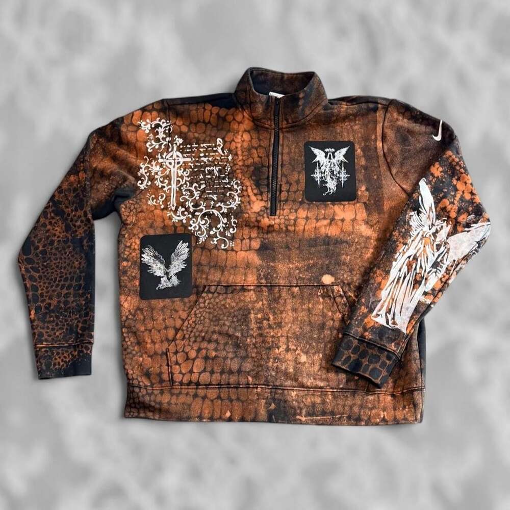 Nike Custom Bleached Quarter-Zip Pullover Size L Gothic Print Patches